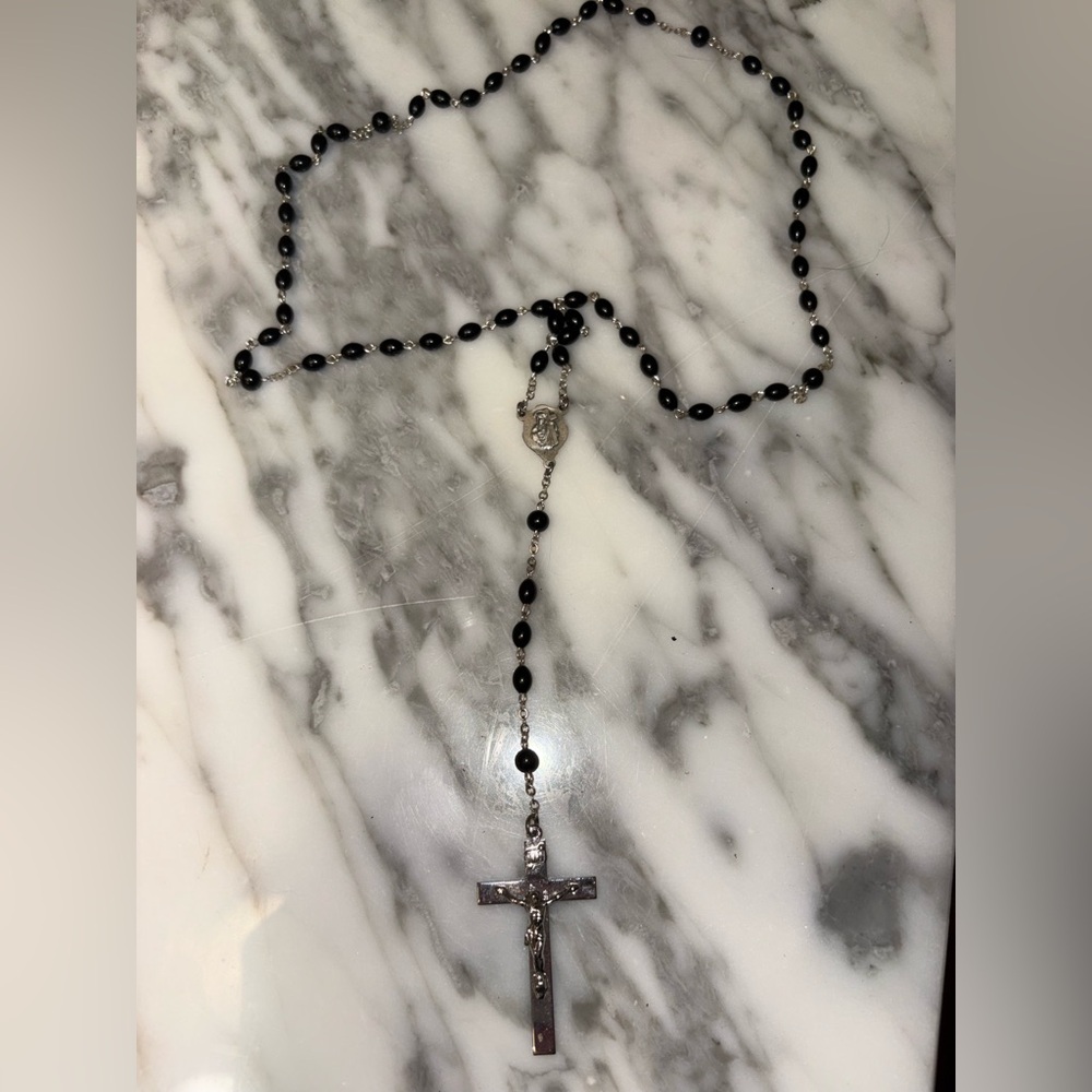 Vintage Black Beaded Rosary Necklace with Silver Cross